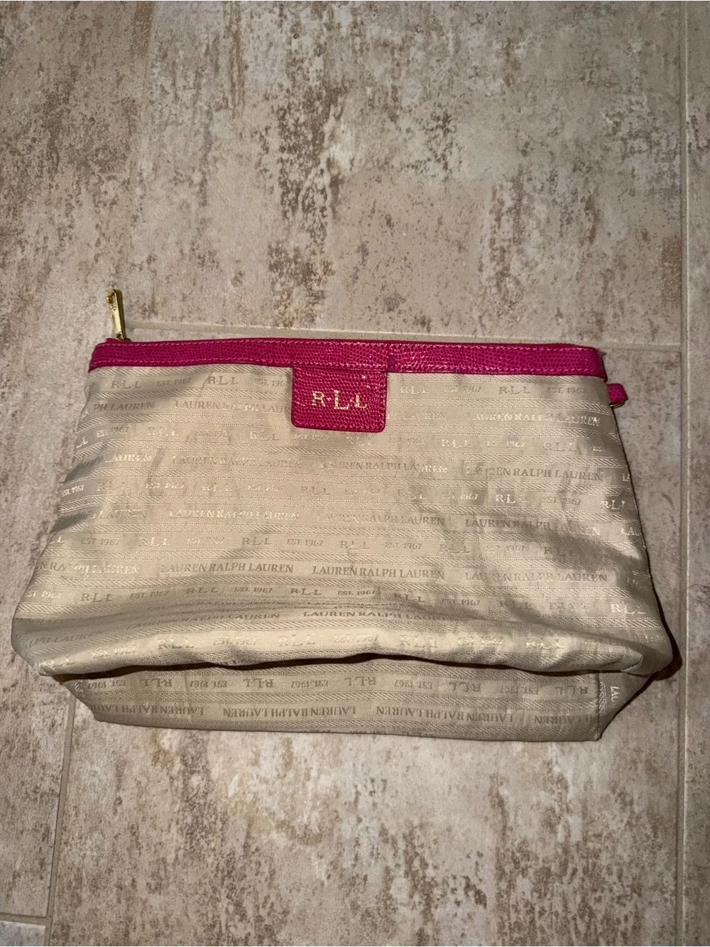 Ralph Lauren Beige Cosmetic Pouch with Hot Pink Trim